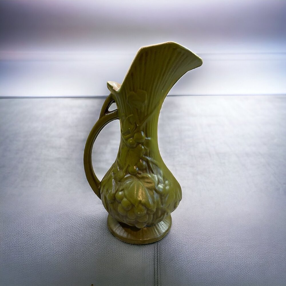 Vintage Green Grapes Relief Pottery Pitcher Vase Mid Century Art Pottery Decor